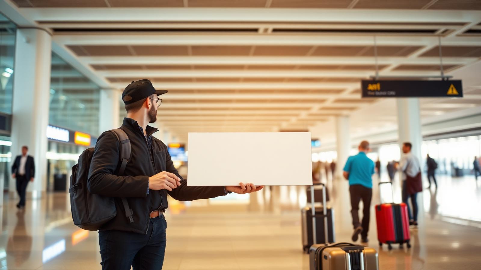 Airport arrivals hall with a driver holding a blank name board and travellers with luggage