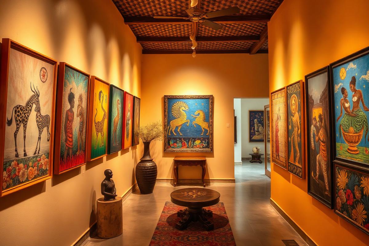 Gallery corridor hung with colourful contemporary African paintings and textiles