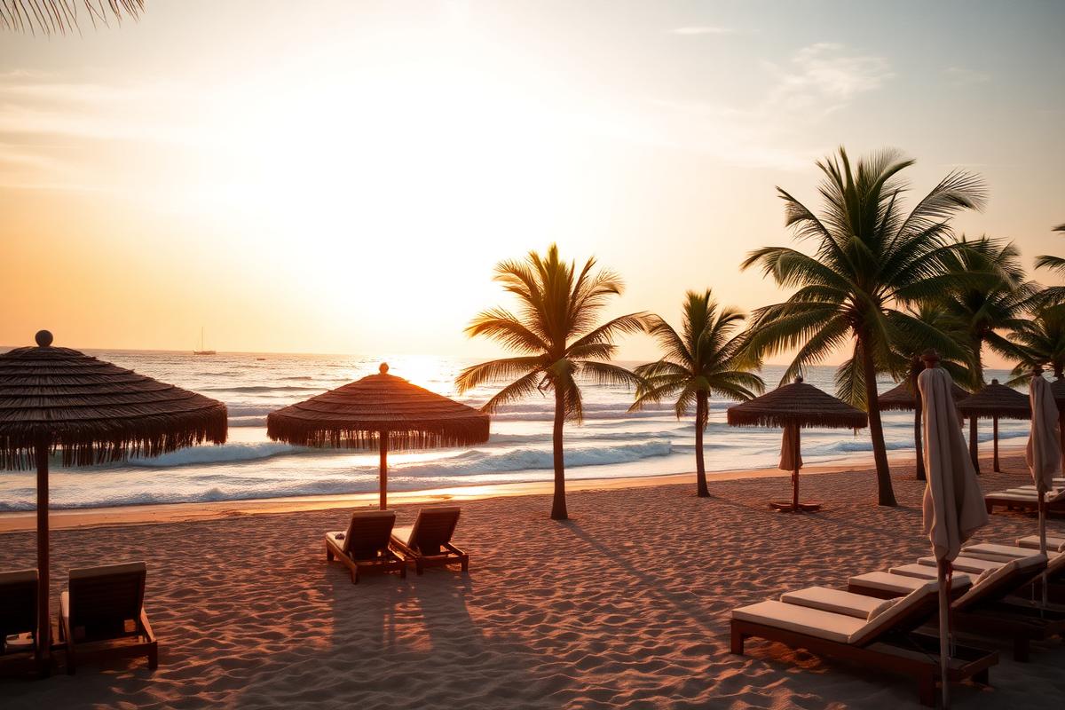 Palm-fringed Atlantic beach at golden hour with thatched umbrellas and loungers