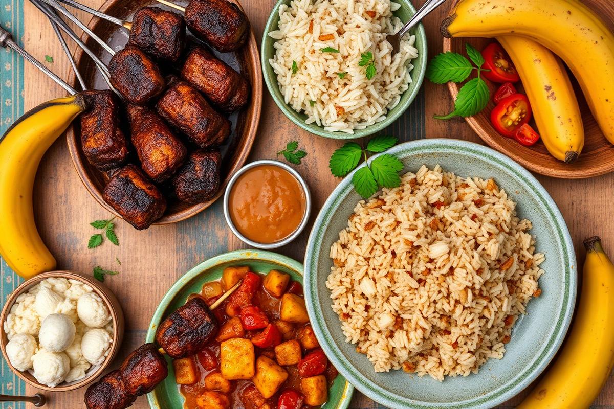 Overhead spread of Nigerian dishes including jollof rice, suya skewers and fried plantain