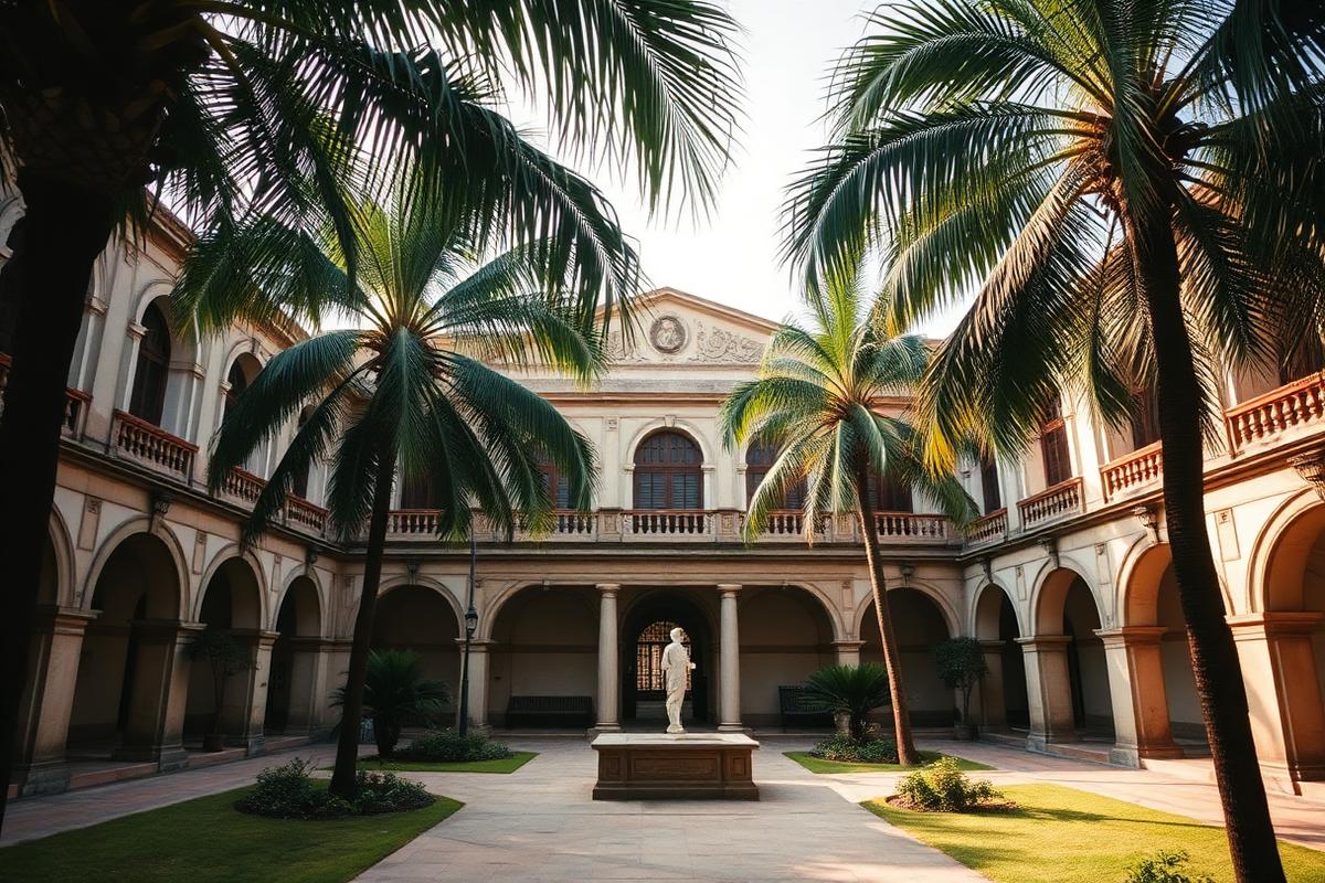 Historic colonial-era heritage building with palm trees around a stone courtyard