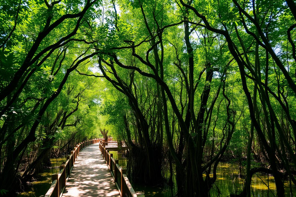 Wooden canopy walkway winding through dense green mangrove forest