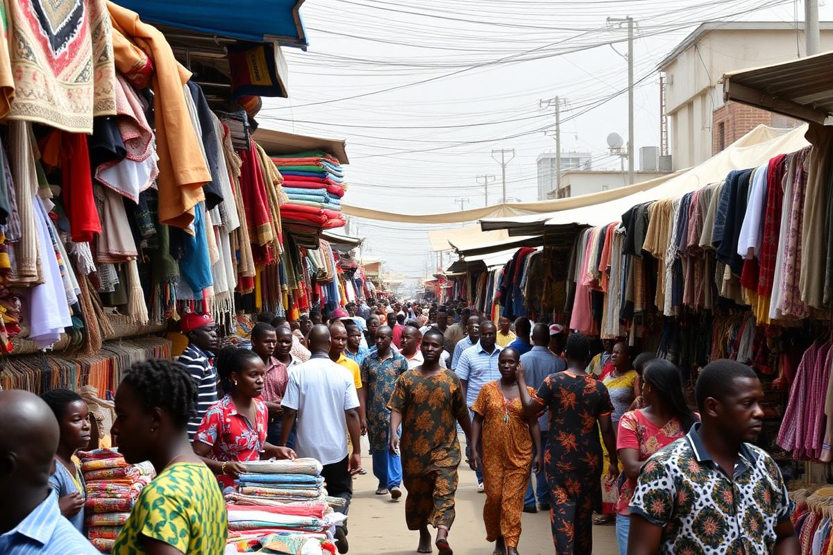 Colourful market street in Lagos filled with fabric stalls and shoppers
