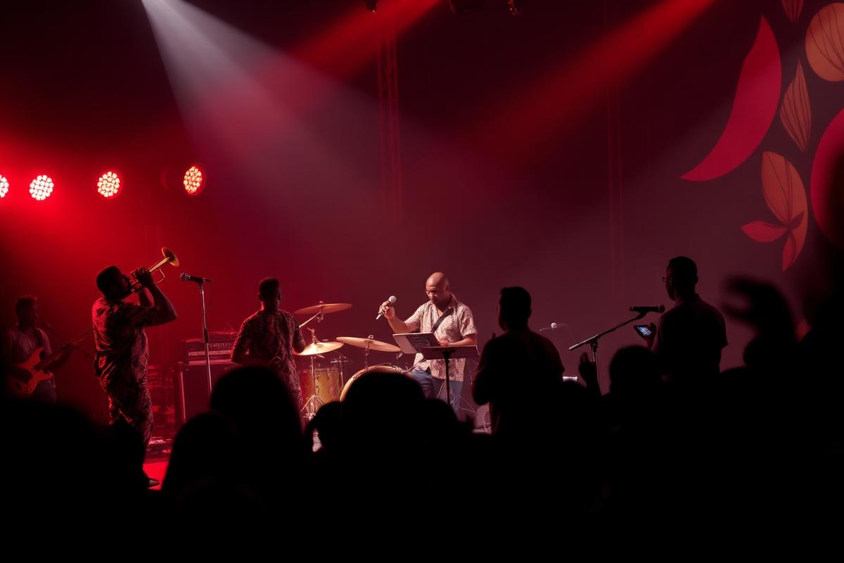 Afrobeat band performing on a stage under warm red stage lighting with an audience in silhouette