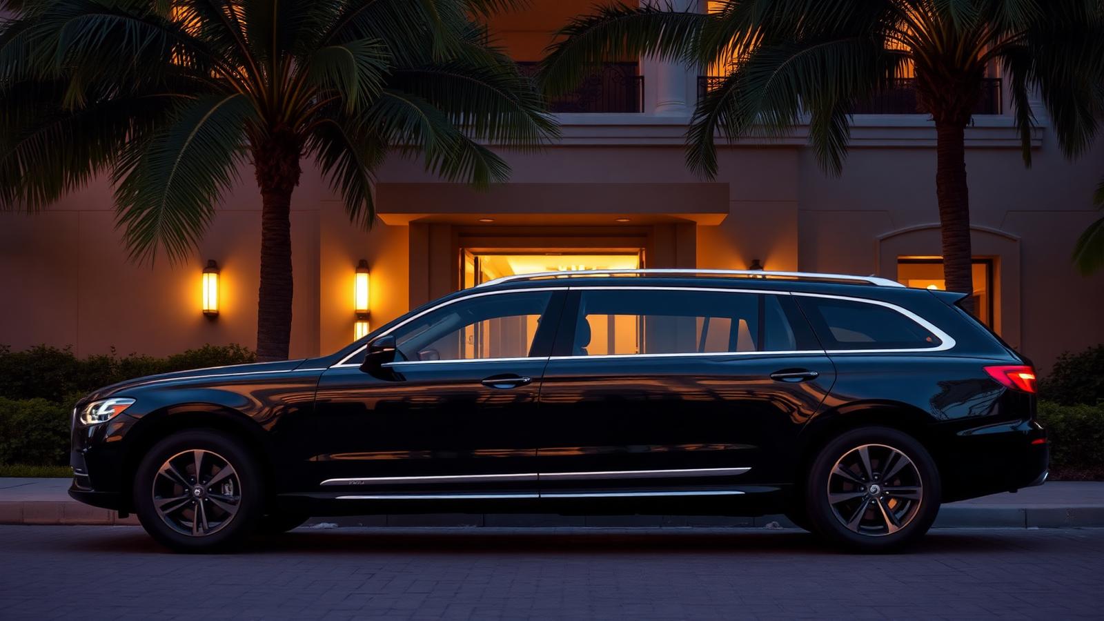 Vehicle waiting at a hotel entrance in the evening